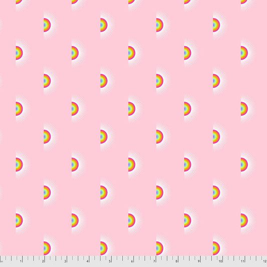 A pattern of rainbows on a bright pink background.