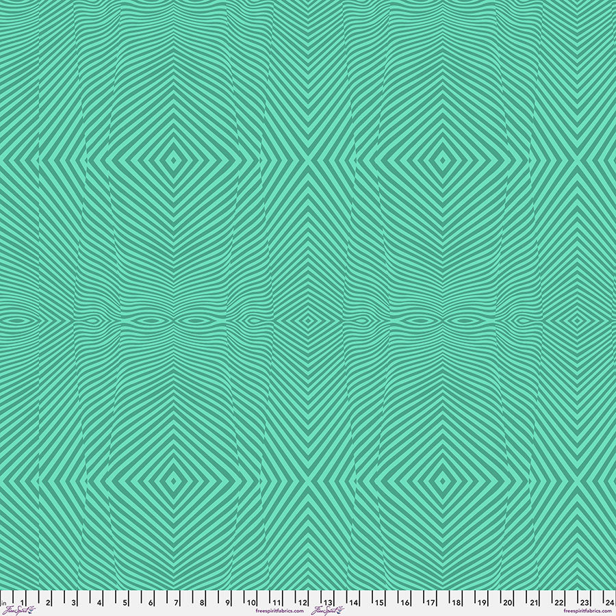 Lazy Stripe-Midnight 100% Cotton 43/44" wide quilting cotton fabric featuring  a hypnotic rippling diamond pattern with alternating stripes of jade and teal green. 