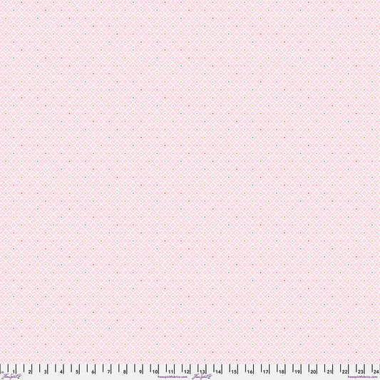 Baby Geo-Dawn 100% Cotton 44/45" wide quilting cotton fabric features tiny pale pink and apricot geometric maze design accented with a rainbow spectrum of pin dots.